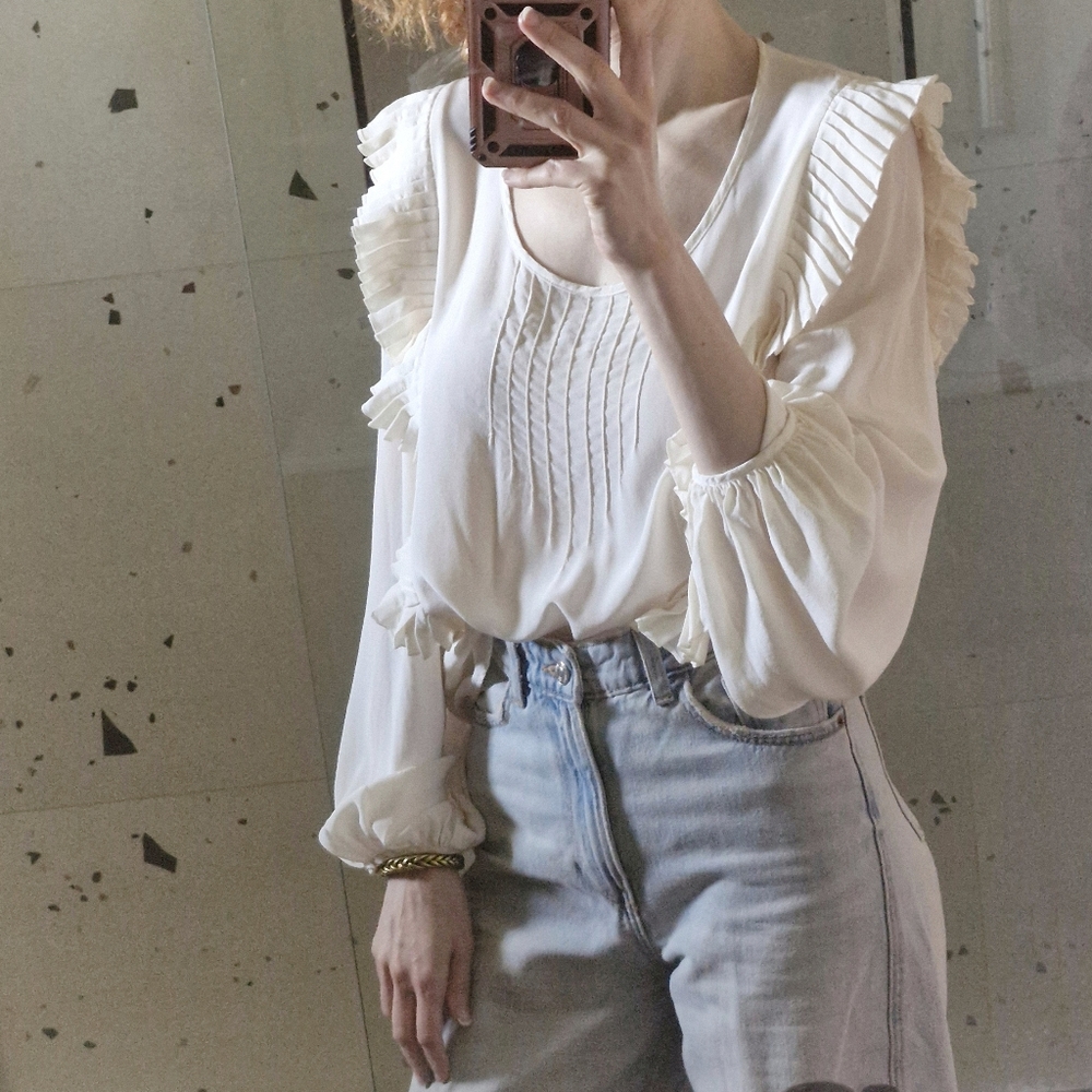 Sandro Ivory Ruffled Silk Blouse